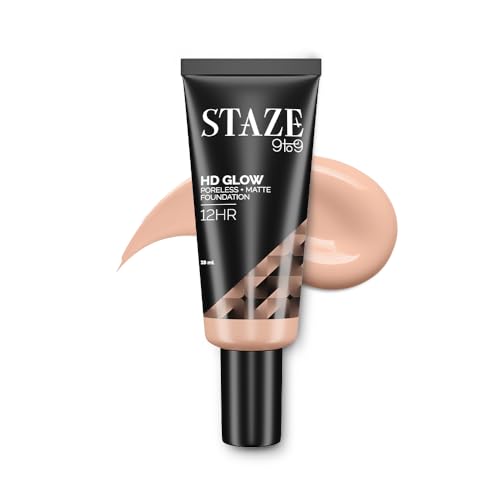 Staze 9to9 HD Glow Poreless + Matte Foundation | HD Flawless & Poreless Finish | Buildable Coverage | Sweatproof | 12H Longlasting |Easily Blendable| Suitable for All Skin Types | 115N Cream | 18 ml