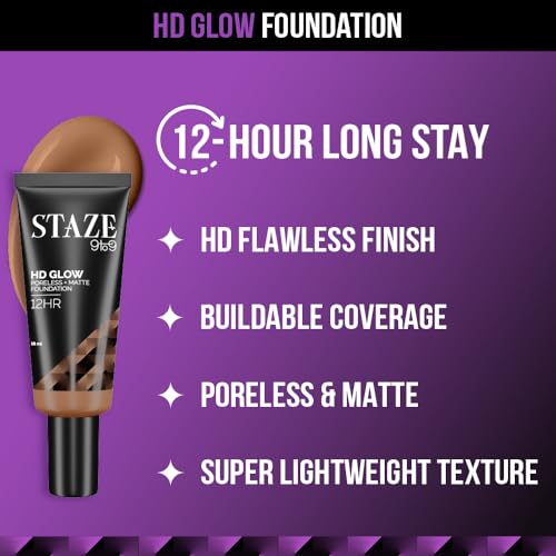 Staze 9to9 HD Glow Poreless + Matte Foundation | HD Flawless & Poreless Finish | Buildable Coverage | Sweatproof | 12H Longlasting |Easily Blendable| Suitable for All Skin Types | 315N Ginger | 18 ml