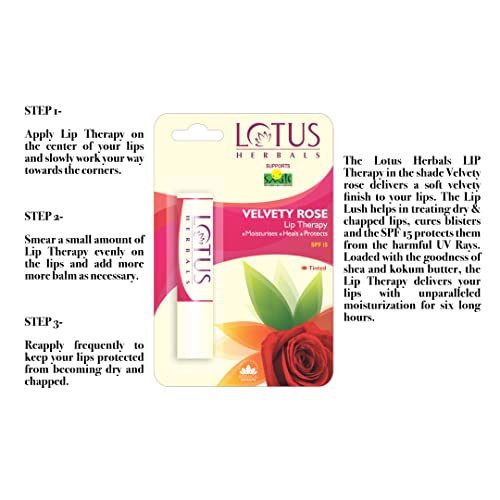 Lotus Herbals Lip Therapy Tinted Lip Balm - Velvety Rose | SPF 15 | Moisturises, Heals & Protects Lips | 4g