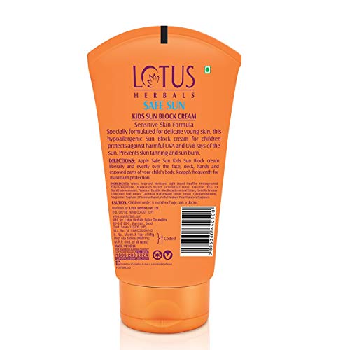 Lotus Herbals Safe Sun Kids Sunblock Cream SPF 25, Sensitive Skin Formula, Sweat & Waterproof Sunscreen, 100g
