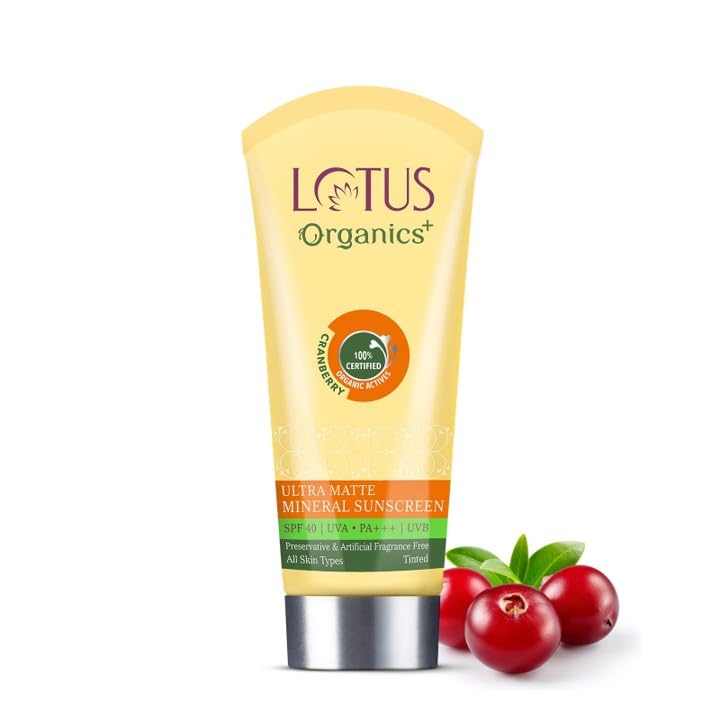 Lotus Organics+ Ultra Matte Mineral Sunscreen | SPF 40 PA+++ | 100% Certified Organic Cranberries | Water & Sweat Resistant | 50G | All Skin Types