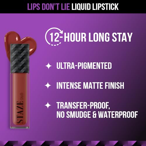 Staze 9to9 Lips Don't Lie Matte + Transferproof Liquid Lipstick |Intense Color Payoff | Lightweight & Comfortable | 12 Hour Long Stay| 05 Cocoa Crush | 4 ml