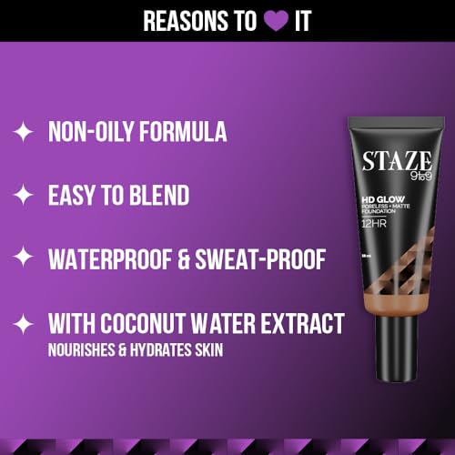 Staze 9to9 HD Glow Poreless + Matte Foundation | HD Flawless & Poreless Finish | Buildable Coverage | Sweatproof | 12H Longlasting |Easily Blendable| Suitable for All Skin Types | 315N Ginger | 18 ml
