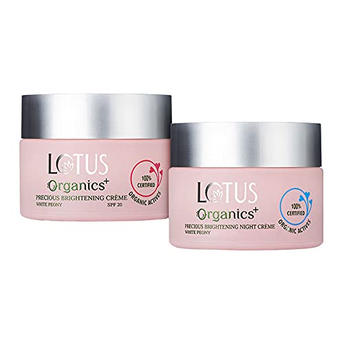 Lotus Organics+ Precious Brightening Day & Night Crème Combo | 100% Certified Organic White Peony | Sun Damage & Spots | Bright & Even Skin Tone | Pack of 2 | 50g
