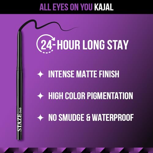 Staze 9To9 All Eyes On You Smudgeproof + Waterproof Pencil Kajal | 24H Long Stay | Ultra-Pigmented Intense Black Matte Finish | 01 Blackest Black | 0.3G