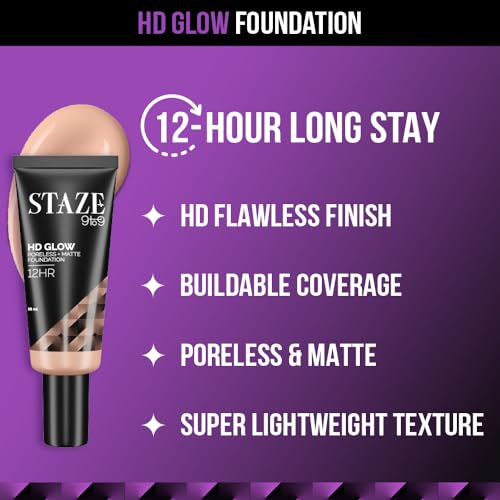 Staze 9to9 HD Glow Poreless + Matte Foundation | HD Flawless & Poreless Finish | Buildable Coverage | Sweatproof | 12H Longlasting |Easily Blendable| Suitable for All Skin Types | 115N Cream | 18 ml