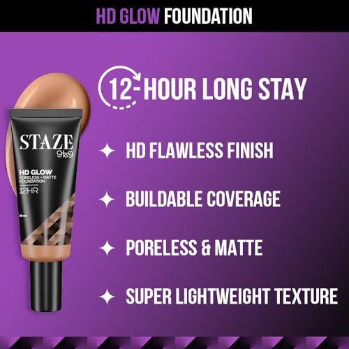 Staze 9to9 HD Glow Poreless + Matte Foundation | HD Flawless & Poreless Finish | Buildable Coverage | Sweatproof | 12H Longlasting |Easily Blendable| Suitable for All Skin Types | 300W Honey | 18 ml