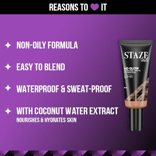 Staze 9to9 HD Glow Poreless + Matte Foundation | HD Flawless & Poreless Finish | Buildable Coverage | Sweatproof | 12H Longlasting |Easily Blendable| Suitable for All Skin Types | 300W Honey | 18 ml