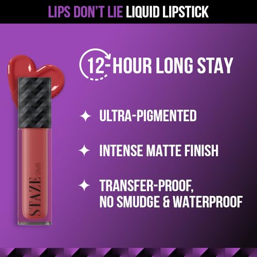 Staze 9to9 Lips Don't Lie Matte + Transferproof Liquid Lipstick |Intense Color Payoff | Lightweight & Comfortable | 12 Hour Long Stay| 09 Candy Crushed | 4 ml