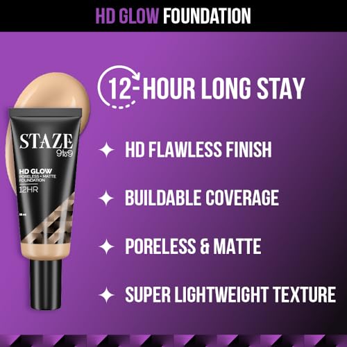 Staze 9To9 Hd Glow Poreless + Matte Foundation, Hd Flawless & Poreless Finish, Buildable Coverage, Sweatproof, 12H Longlasting, Easily Blendable, Suitable For All Skin Types, 222W Sand, 18 Ml - Liquid