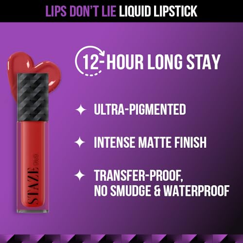 Staze 9to9 Lips Don't Lie Matte + Transferproof Liquid Lipstick |Intense Color Payoff | Lightweight & Comfortable | 12 Hour Long Stay| 10 Cherry on top | 4 ml