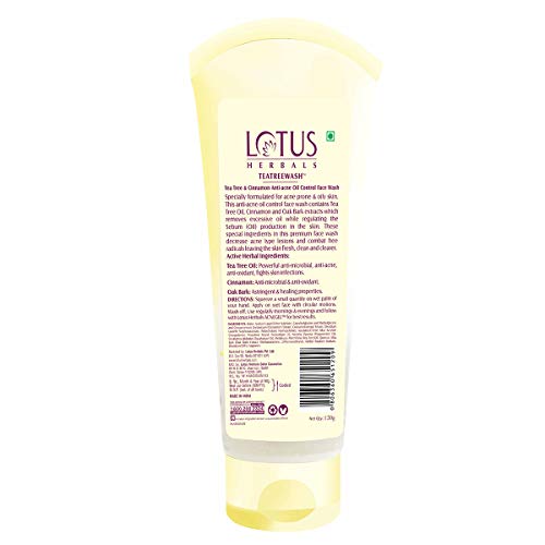 Lotus Herbals Teatreewash Face Wash | with Tea Tree Oil & Cinnamon | Anti Acne | Oil Control | For Oily Skin | 120ml (Pack of 2)