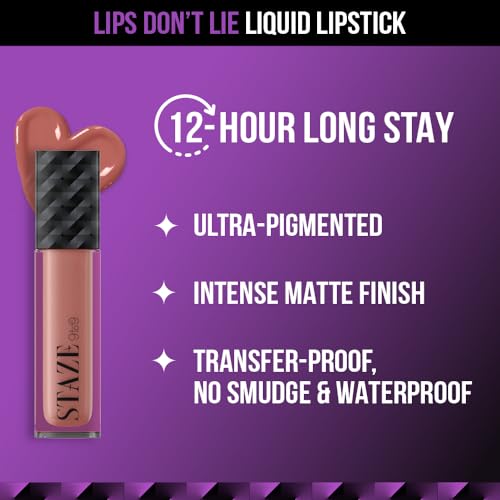 Staze 9to9 Lips Don't Lie Matte + Transferproof Liquid Lipstick |Intense Color Payoff | Lightweight & Comfortable | 12 Hour Long Stay| 12 Nude Spice | 4 ml