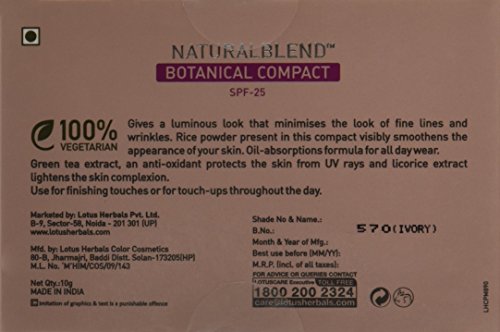 Lotus Makeup NaturalBlend Botanical Compact Ivory, SPF 15, Oil Control, UV Protection, Green Tea, 10 g