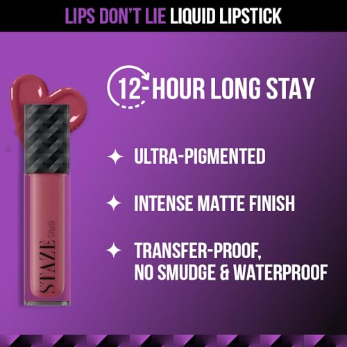 Staze 9to9 Lips Don't Lie Matte + Transferproof Liquid Lipstick |Intense Color Payoff | Lightweight & Comfortable | 12 Hour Long Stay| 02 Pink Mood On | 4 ml