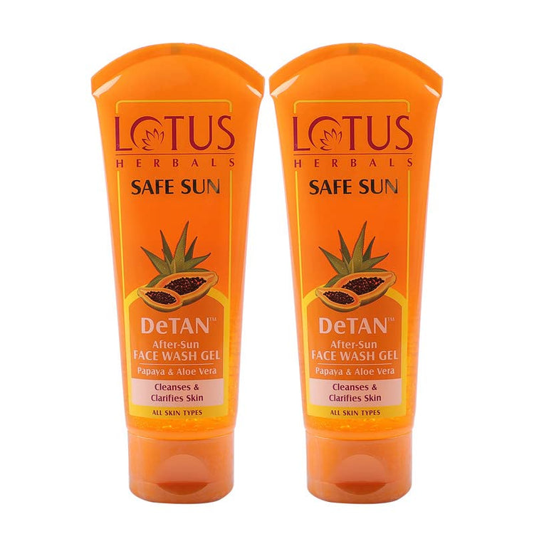 Lotus Herbals Safe Sun DeTAN After-Sun Face Wash Gel | Papaya & Aloe Vera |Enriched with natural actives| All Skin Types | 100g (Pack Of 2)