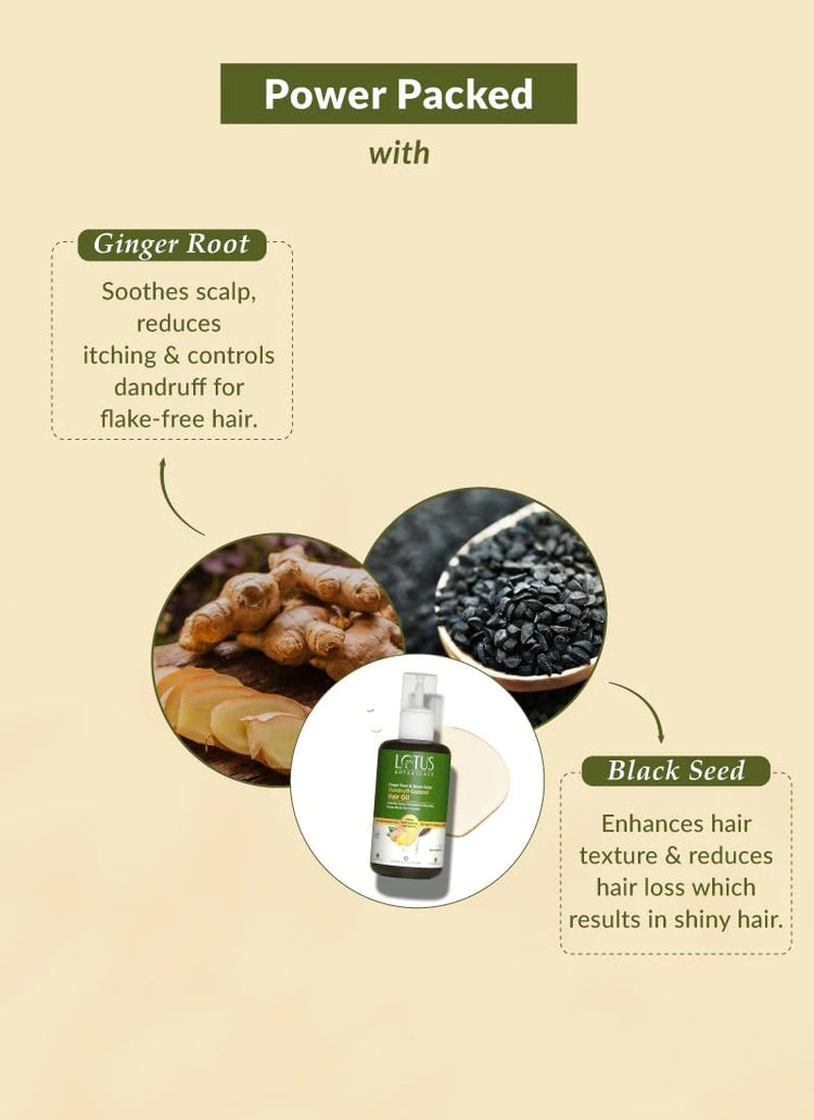 Lotus Botanicals Ginger Root & Black Seed Dandruff-Control Hair Oil | Soothes Scalp Itchinesss & Dryness | Helps Boost Hair Growth | Rich In Anti-Oxidants | Suitable For All Hair Types | 100 ml