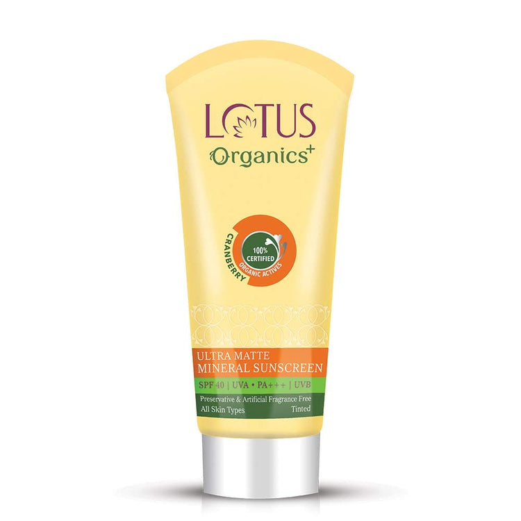 Lotus Organics+ Ultra Matte Tinted Face Sunscreen Cream, SPF 40 PA+++ | Natural, Mineral Based, Chemical Free | Matte Finish | Sun Protection | 100% Certified Organic | Water & Sweat Resistant | 100g