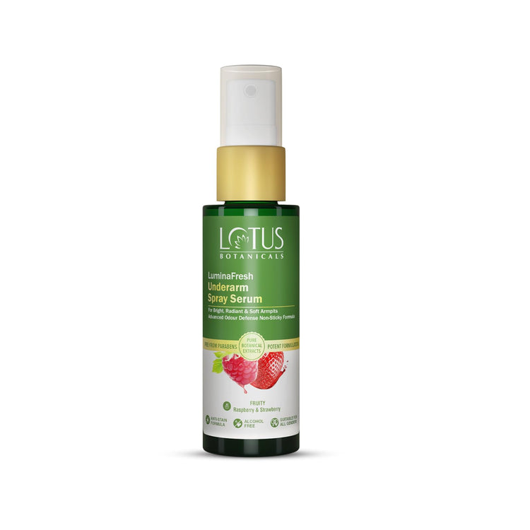 Lotus Botanicals LuminaFresh Underarm Spray Serum with Raspberry and Strawberry | Brighten Underarms and Control Sweat-Induced Odour | Antiperspirant properties | Suitable for Men & Women | Alcohol-free | Non-Aerosol | Suitable for All Skin Types | 55ml