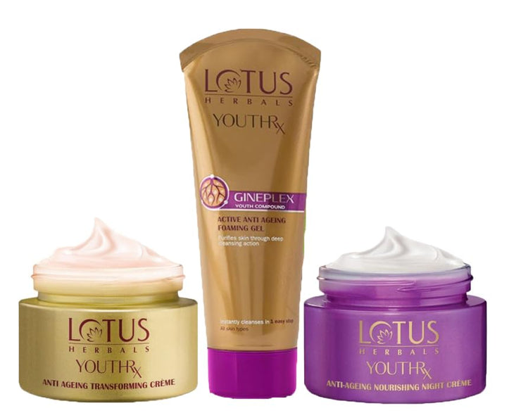 Lotus Herbals YouthRx Anti Ageing Transforming Cream_50g + Night Cream_50g + Foaming Gel Face Wash_100g (Set Of 3)