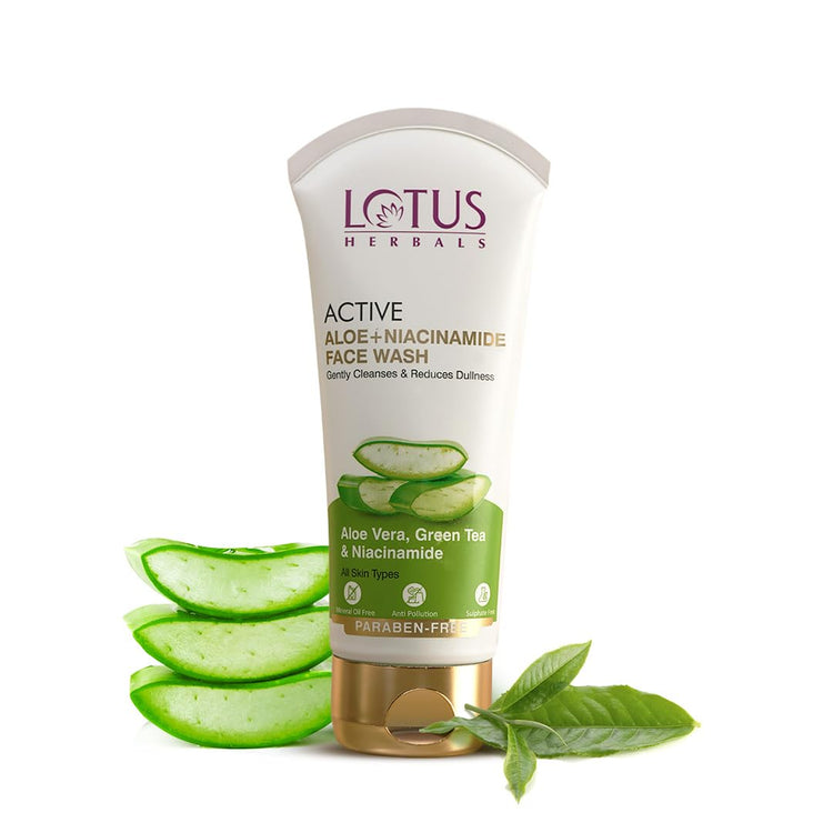 Lotus Herbals Active Aloe + Niacinamide Face Wash | Gently Cleanses | Reduce Dullness | Sulphate Free | All Skin Types | 100gm