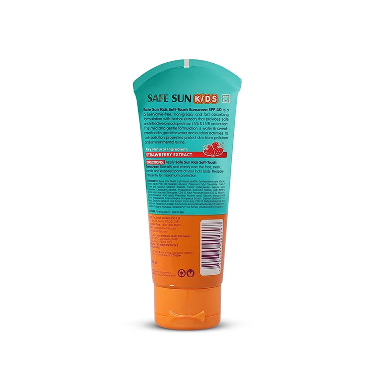 Lotus Herbals Safe Sun Kids Soft-Touch Sunscreen | SPF 40 | PA+++ | Waterproof & Sweatproof | Preservative Free | Anti Pollution | All Skin Types | 80g
