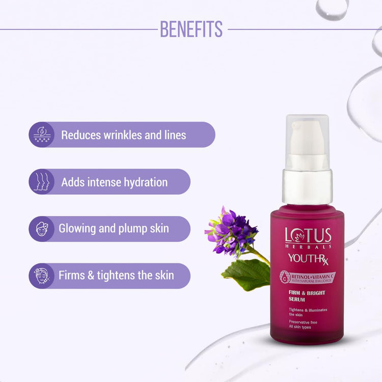 Lotus Herbals YouthRx Firm & Bright Face Serum | Bakuchiol Retinol & Vitamin C | Anti Ageing & Brightening | 30ml
