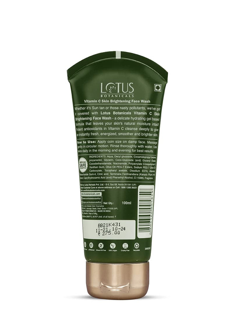 Lotus Botanicals Skin Brightening Face Wash | Vitamin C | Sulphate Free, Silicon Free & Chemical Free | Suitable for All Skin Types | 100ml