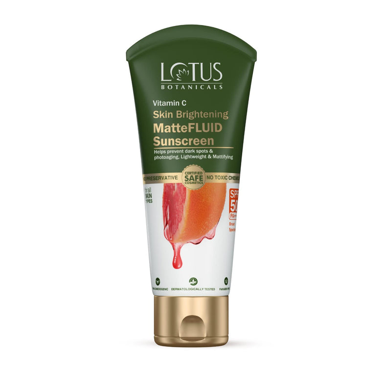 Lotus Botanicals Vitamin C Skin Brightening MatteFluid Sunscreen | SPF 50 | PA+++ | 100x Vitamin C | Protects from Sun, UV Rays | Brightens Skin | No White Cast | Water Resistant | No Preservatives