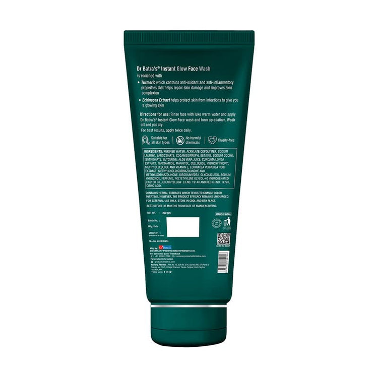 Dr Batra's Instant Glow Face Wash, Enriched with Echinacea & Turmeric, Repairs Skin Damage, Prevents infections, Face Wash for Skin Complexion & Glowing skin, Paraben & Silicone free(100g)