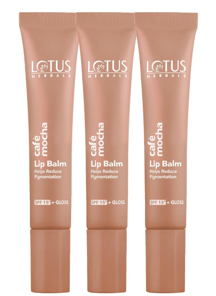 Lotus Herbals Café Mocha Lip Balm with SPF 15 for Dry and Chapped Lips, Moisturises, Softens, and Repairs Skin, Glossy Finish, With Vitamin E, Brown Tint, (Brown,10g),Pack of 3