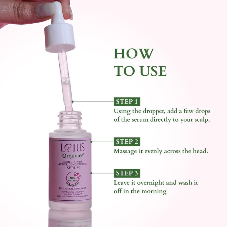 Lotus Organics+ Hair Growth Active Concentrate Serum | Made with 100% Organic Rosemary Oil, AnaGain & Hairdian | Boosts Hair Growth | Increases Thickness | Strengthens Hair Follicles | For All Hair Types | 28ml