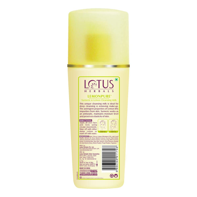 Lotus Herbals Lemonpure Turmeric & Lemon Cleansing Milk | Makeup Remover | For All Skin Types | 170ml