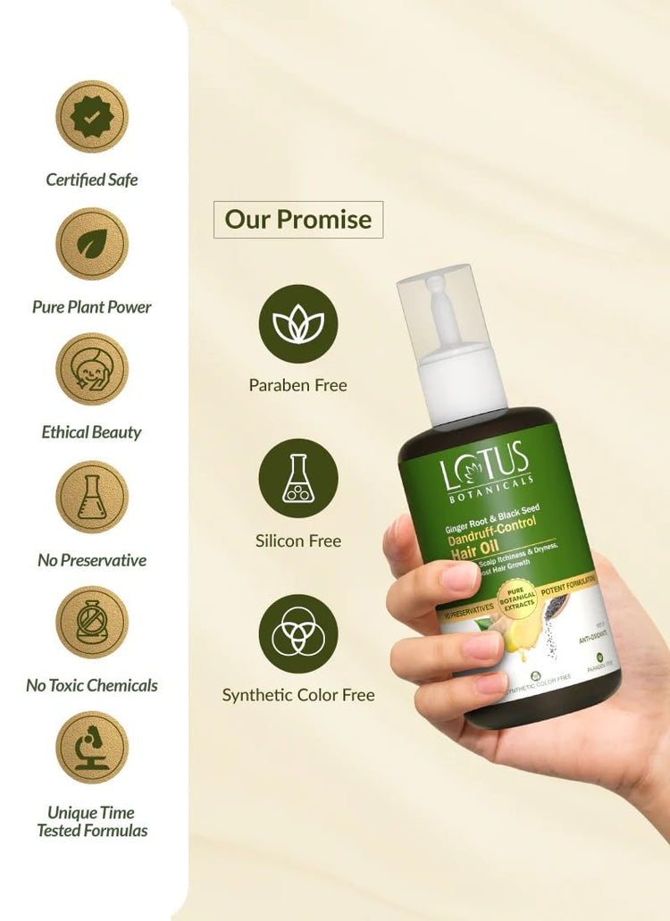 Lotus Botanicals Ginger Root & Black Seed Dandruff-Control Hair Oil | Soothes Scalp Itchinesss & Dryness | Helps Boost Hair Growth | Rich In Anti-Oxidants | Suitable For All Hair Types | 100 ml