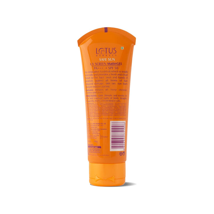 Lotus Herbals Sunscreen for Women & Men | Safe Sun UV Screen Matte Gel Sunscreen SPF 50 & PA+++ | UVA & UVB Protection | Comfrey, Vanilla, Horse Chestnut Extract | No White Cast | Normal to Oily Skin | 100g