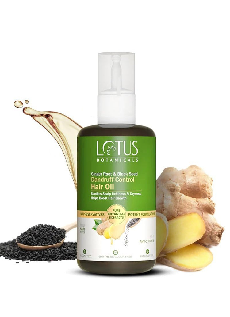 Lotus Botanicals Ginger Root & Black Seed Dandruff-Control Hair Oil | Soothes Scalp Itchinesss & Dryness | Helps Boost Hair Growth | Rich In Anti-Oxidants | Suitable For All Hair Types | 100 ml