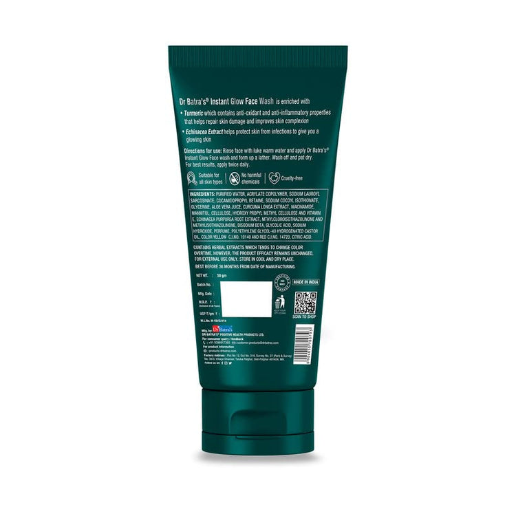Dr Batra's Instant Glow Face Wash, Enriched with Echinacea & Turmeric, Repairs Skin Damage, Prevents infections, Face Wash for Skin Complexion & Glowing skin, Paraben & Silicone free(100g)