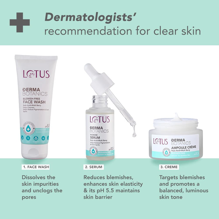 Lotus DermaBotanics Kojic Acid + Multi Berry Blemish - Free Face Wash | Reduces Pigmentation, Acne & Dark Spots | Made with Dermatologists, pH 5.5 | Non-irritating | Suitable for Sensitive Skin | 100g