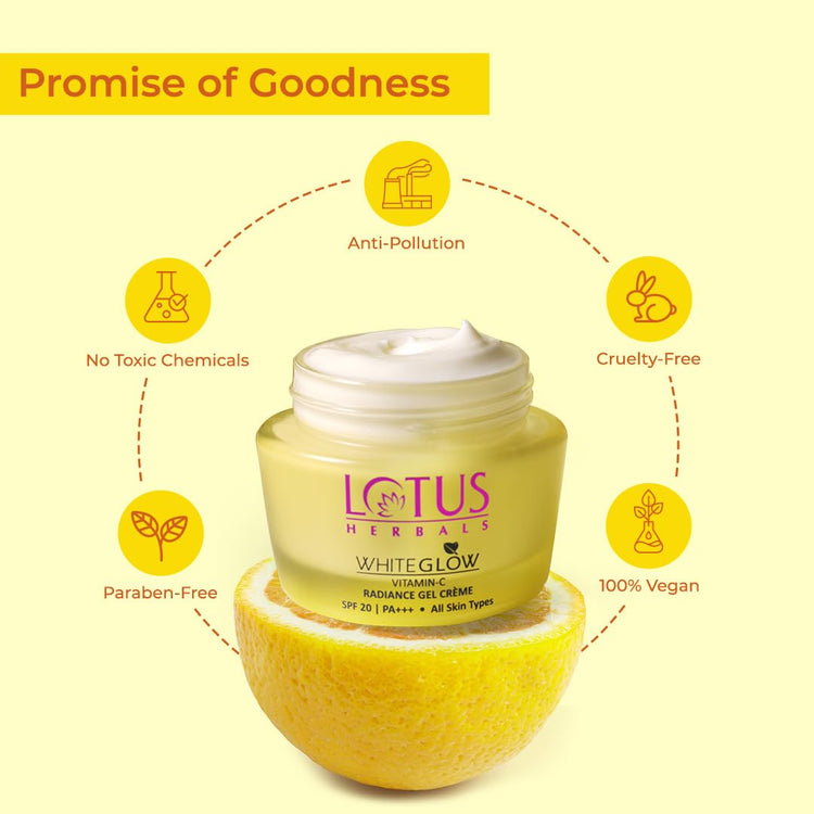 Lotus Herbals WhiteGlow Vitamin C Gel Crème | Reduces Dark Spots | Unique Gel + Crème Formula | 100x More Vitamin C | Boosts Radiance | SPF 20 PA+++ | Paraben-Free | 50g