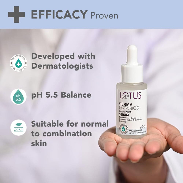 Lotus DermaBotanics Peptide + Papaya Extract Deep Hydra Serum | Diminishes Fine Lines | Boosts Collagen | Made with Dermatologists | Non-irritating | pH 5.5 | Normal to Combination Skin | 28ml