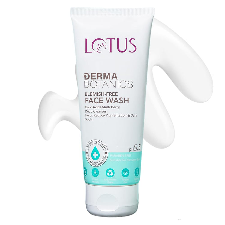 Lotus DermaBotanics Kojic Acid + Multi Berry Blemish - Free Face Wash | Reduces Pigmentation, Acne & Dark Spots | Made with Dermatologists, pH 5.5 | Non-irritating | Suitable for Sensitive Skin | 100g