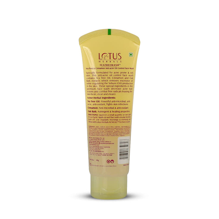Lotus Herbals Teatreewash Face Wash | with Tea Tree Oil & Cinnamon | Anti Acne | Oil Control | For Oily Skin | 120ml