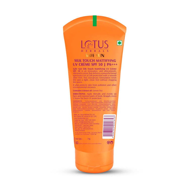 Lotus Herbals Safe Sun Silk Touch Mattifying Uv All Skin Screen Creme Spf 50| Pa+++, 75 G