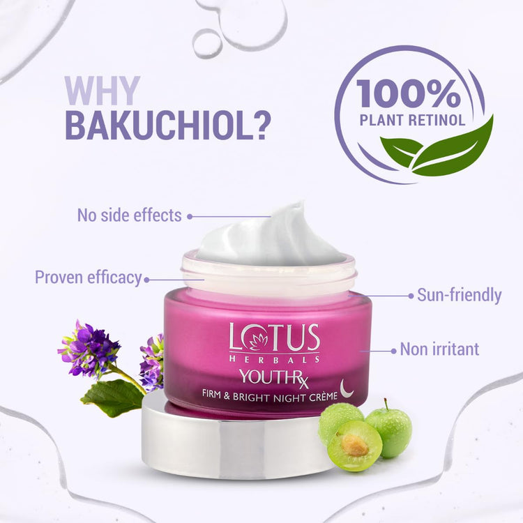 Lotus Herbals YouthRx Firm & Bright Night Cream | Bakuchiol Retinol & Vitamin C | Anti Ageing & Brightening | 50g