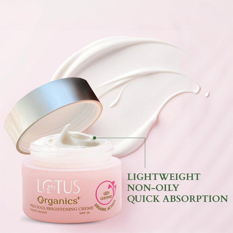 Lotus Organics+ Precious Brightening Cream | For Dark Spots, Blemishes & Pigmentation | SPF 20 Moisturiser | 30g