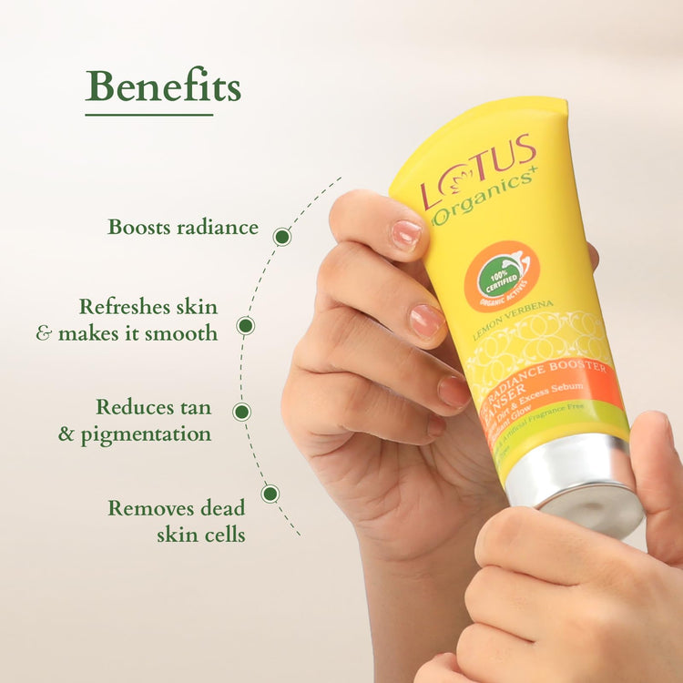 Lotus Organics+ Vitamin - C Radiance Booster Cleanser | 100% Certified Organic Lemon Verbena | Removes Dirt & Excess Sebum | All Skin Types | 100gm