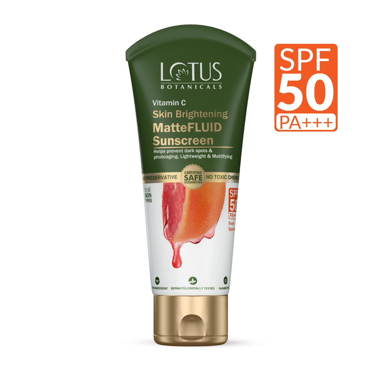 Lotus Botanicals Vitamin C Skin Brightening MatteFluid Sunscreen | SPF 50 | PA+++ | 100x Vitamin C | Protects from Sun, UV Rays | Brightens Skin | No White Cast | Water Resistant | No Preservatives