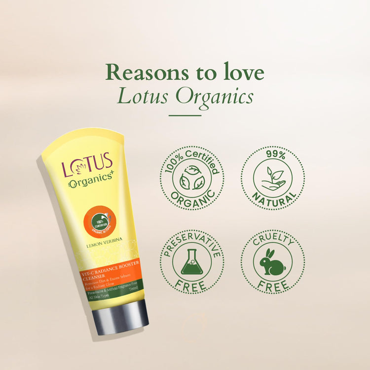 Lotus Organics+ Vitamin - C Radiance Booster Cleanser | 100% Certified Organic Lemon Verbena | Removes Dirt & Excess Sebum | All Skin Types | 100gm