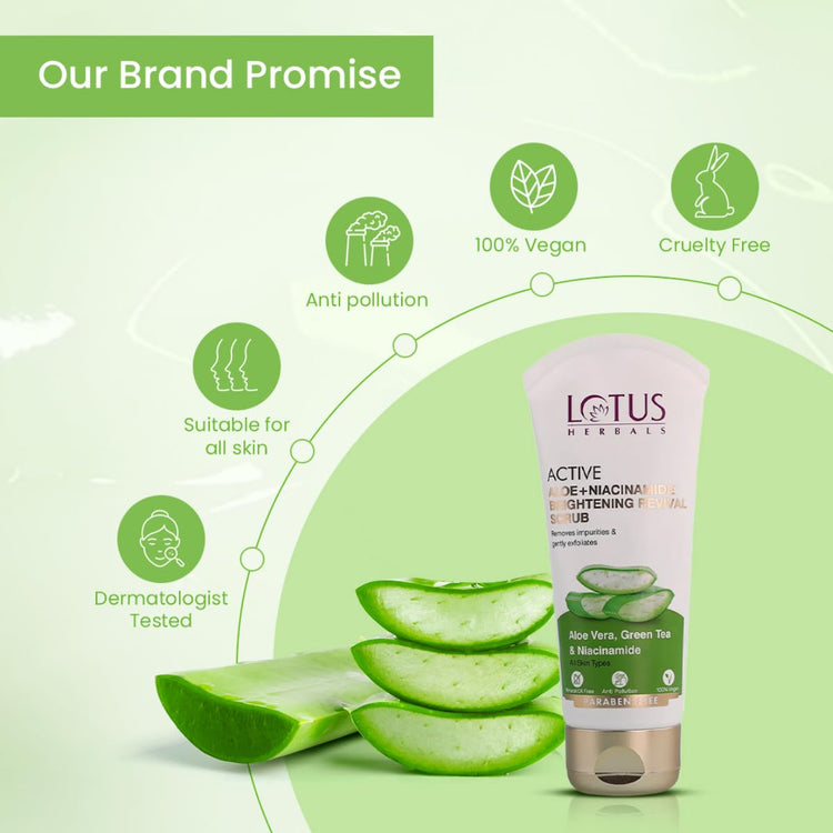 Lotus Herbals Active Aloe + Niacinamide Brightening Revival Scrub| Removes Impurities & Exfoliates|Praben Free|All Skin Types|100gm