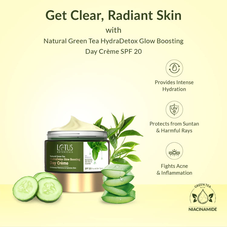 Lotus Botanicals Natural Green Tea HydraDetox Glow Boosting Day Cream SPF 20 with Niacinamide |50G